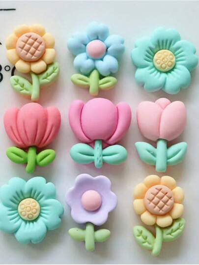Random Mix 10pcs DIY Cartoon Flower Hair Accessories And Earrings, Jewelry Making Supplies. Can Be Used On Stationery, Phone Cases, Keychains, Cups, Shoes, Fridge Magnets, Decorative Stickers. Comes With Double-Sided Tape As A Gift Valentines