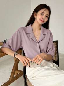 DAZY 1 chiếc áo sơ mi tay ngắn trơn công sở, đa năng cho mùa thu hè - Màu tím hoa cà - Xem 4