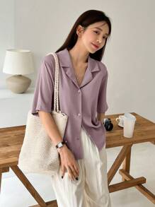 DAZY 1 chiếc áo sơ mi tay ngắn trơn công sở, đa năng cho mùa thu hè - Màu tím hoa cà - Xem 3