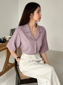 DAZY 1 chiếc áo sơ mi tay ngắn trơn công sở, đa năng cho mùa thu hè - Màu tím hoa cà - Xem 5
