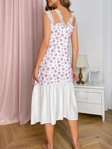 Floral Print Lace Trim Nightdress