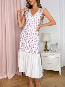 Floral Print Lace Trim Nightdress