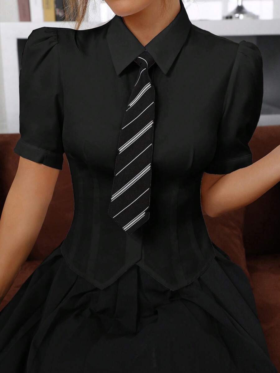 SHEIN MOD 前紐扣泡泡袖襯衫 - 黑色 - 查看 1