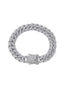 1入組奢華鋅合金水鑽裝飾項鍊和1入組手環適合女士男士適合派對鏈條 - 銀色 - 查看 3