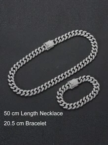 1入組奢華鋅合金水鑽裝飾項鍊和1入組手環適合女士男士適合派對鏈條 - 銀色 - 查看 5