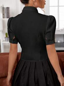 SHEIN MOD 前紐扣泡泡袖襯衫 - 黑色 - 查看 2