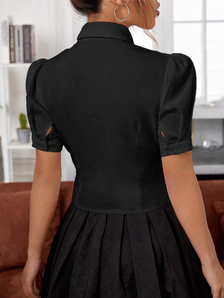 SHEIN MOD 前紐扣泡泡袖襯衫 - 黑色 - 查看 2
