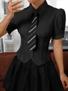 SHEIN MOD 前紐扣泡泡袖襯衫 - 黑色 - 查看 4