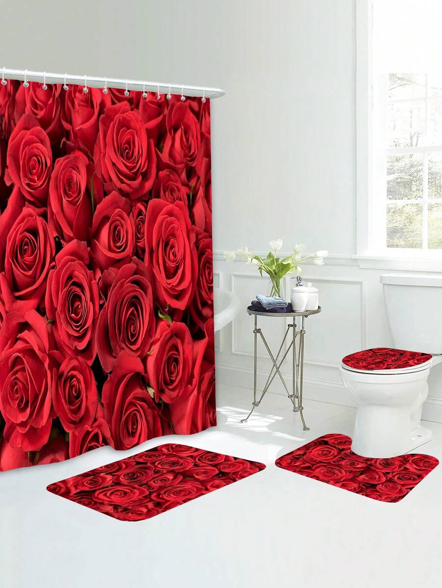 1pc Floral Print Bath Rug Or 1pc Shower Curtain, Modern Polyester Toilet Mat For Bathroom - Multicolor - View 1