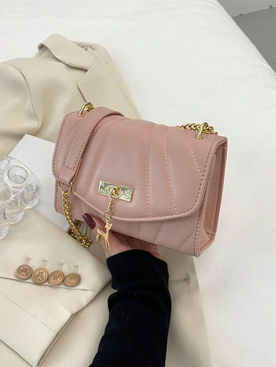 絎縫方形包迷你翻蓋粉色 - 白色 - 查看 1