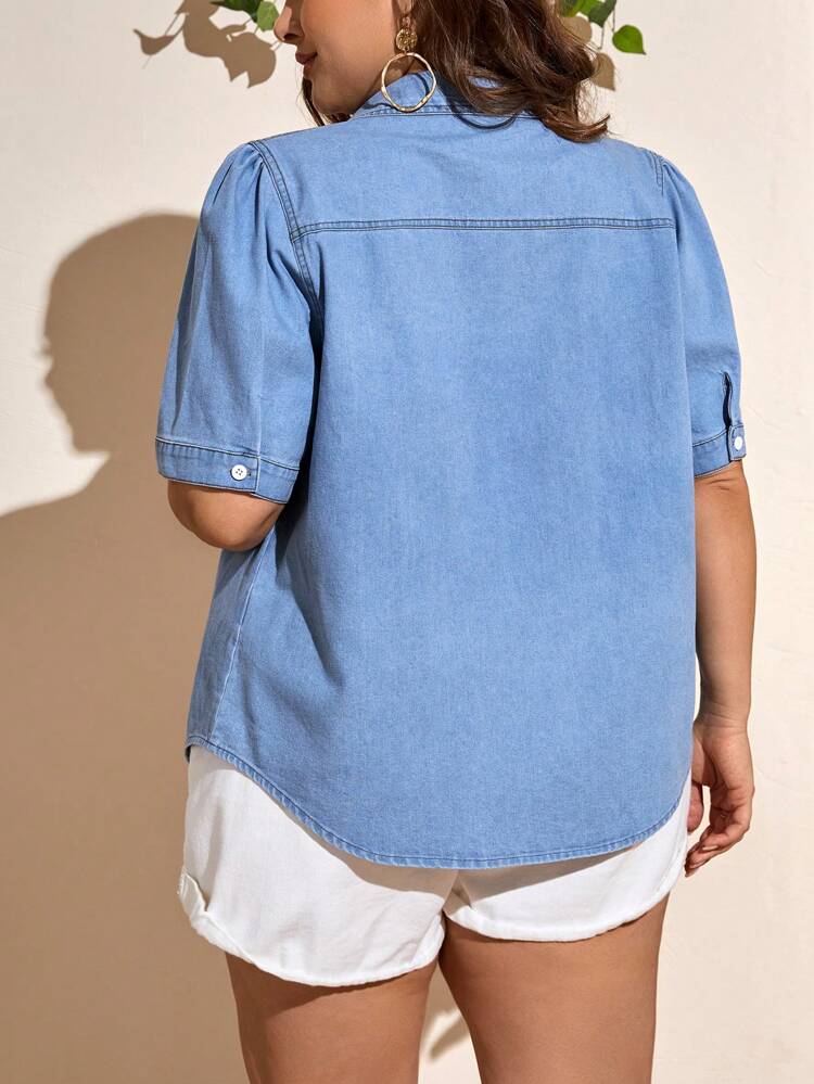 Plus Flap Pocket Denim Blouse