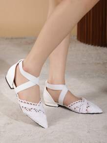 女士鏤空尖頭交叉帶度假白色踝帶平底鞋 - 白色 - 查看 1