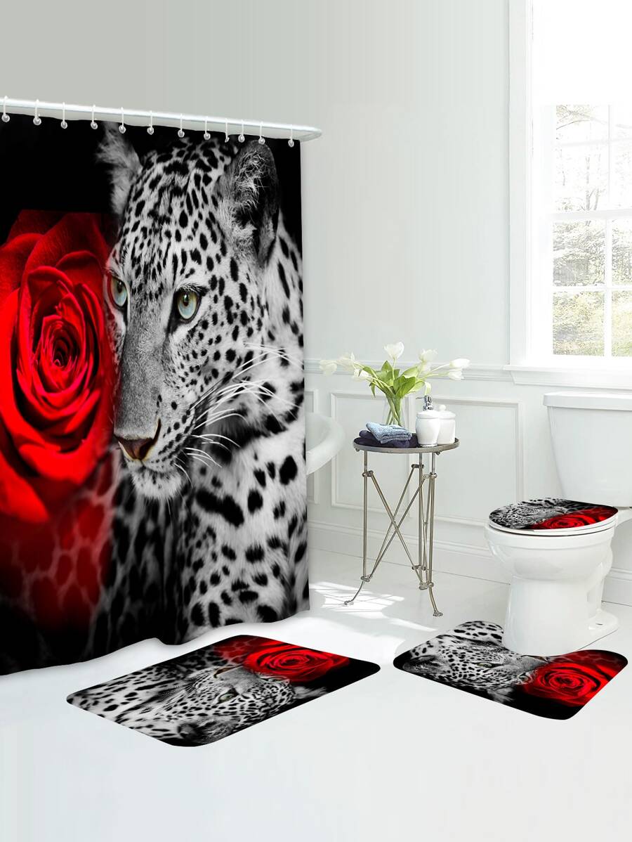 1pc Leopard & Tiger Print Bath Rug Or 1pc Shower Curtain, Modern Polyester Toilet Mat For Bathroom - Multicolor - View 1