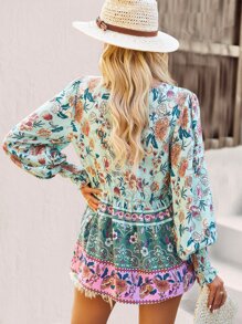 SHEIN VCAY Áo Peplum tay loe cổ buộc tua rua họa tiết hoa - màu xanh lá - Xem 2