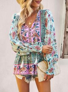 SHEIN VCAY Áo Peplum tay loe cổ buộc tua rua họa tiết hoa - màu xanh lá - Xem 3