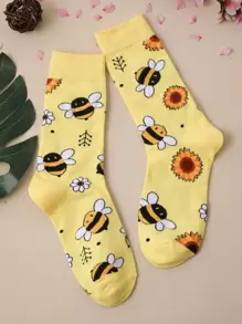 Mujer 1 par Calcetines de tripulación con dibujos animados con girasol & con patrón de abeja dulce para diariamente