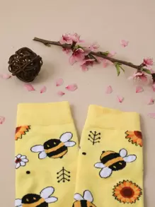 Mujer 1 par Calcetines de tripulación con dibujos animados con girasol & con patrón de abeja dulce para diariamente