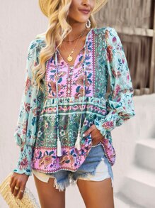 SHEIN VCAY Áo Peplum tay loe cổ buộc tua rua họa tiết hoa - màu xanh lá - Xem 4