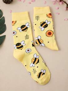 Mujer 1 par Calcetines de tripulación con dibujos animados con girasol & con patrón de abeja dulce para diariamente