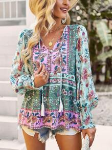 SHEIN VCAY Áo Peplum tay loe cổ buộc tua rua họa tiết hoa - màu xanh lá - Xem 5