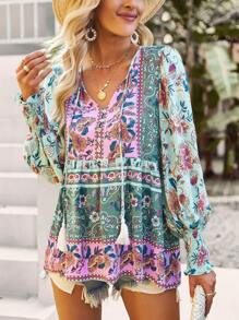 SHEIN VCAY Áo Peplum tay loe cổ buộc tua rua họa tiết hoa - màu xanh lá - Xem 6