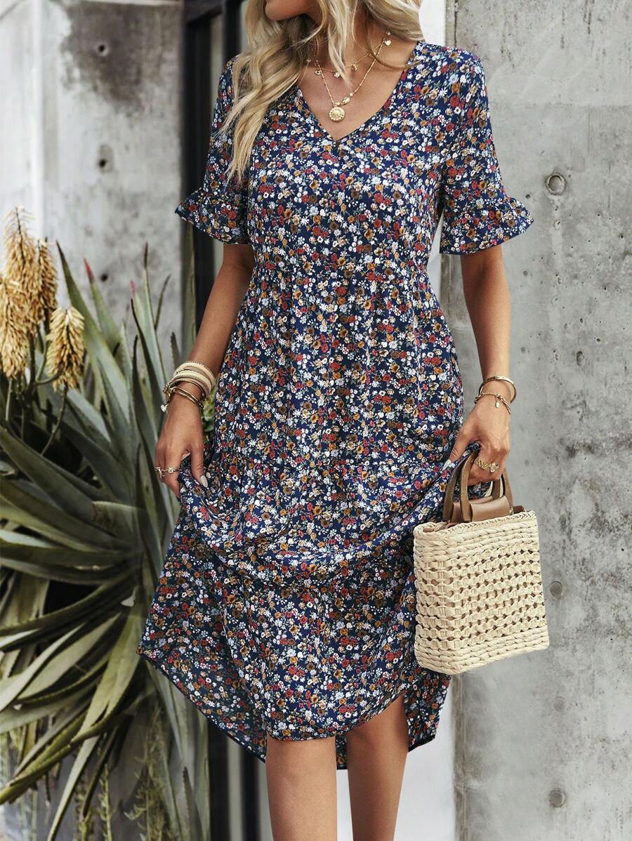 SHEIN VCAY Đầm Xù Họa tiết hoa Boho - Nhiều màu - Xem 1