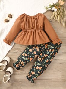 SHEIN Toddler Girls Bow Front Peplum Blouse & Floral Print Pants