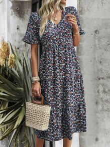 SHEIN VCAY Đầm Xù Họa tiết hoa Boho - Nhiều màu - Xem 3