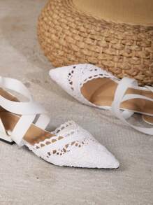 女士鏤空尖頭交叉帶度假白色踝帶平底鞋 - 白色 - 查看 2
