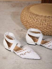 女士鏤空尖頭交叉帶度假白色踝帶平底鞋 - 白色 - 查看 5