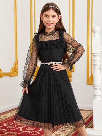 SHEIN Girls 1pc Ruffle Trim Flounce Sleeve Mesh Top & 1pc Skirt Without Belt