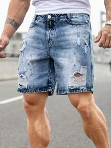 Manfinity LEGND Hombres Shorts en mezclilla desgarro crudo con lavado - Azul lavado medio - Ver 1