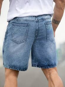 Manfinity LEGND Hombres Shorts en mezclilla desgarro crudo con lavado - Azul lavado medio - Ver 2