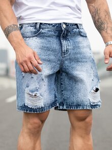 Manfinity LEGND Hombres Shorts en mezclilla desgarro crudo con lavado - Azul lavado medio - Ver 5