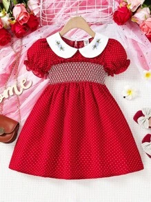 SHEIN 小女童花卉刺繡彼得潘領泡泡袖洋裝