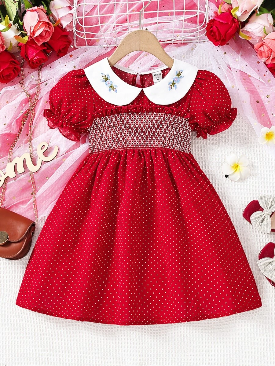 SHEIN 小女童花卉刺繡彼得潘領泡泡袖洋裝