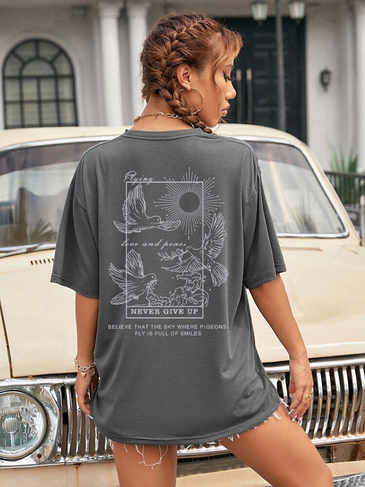 SHEIN EZwear Bird & Slogan Graphic Drop Shoulder Tee - Dark Grey - View 1