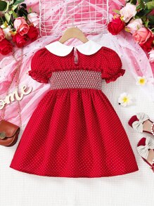 SHEIN 小女童花卉刺繡彼得潘領泡泡袖洋裝