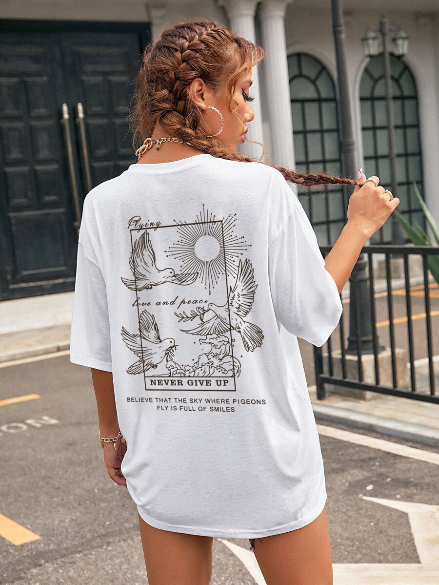 INAWLY Animal & Slogan Graphic Drop Shoulder Tee - White - View 1