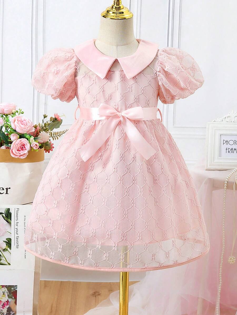 小女童彼得潘領泡泡袖繫腰帶洋裝