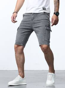 Manfinity Homme Nam Quần short denim Bermuda Bông Túi nắp bên cạnh - Xám - Xem 1