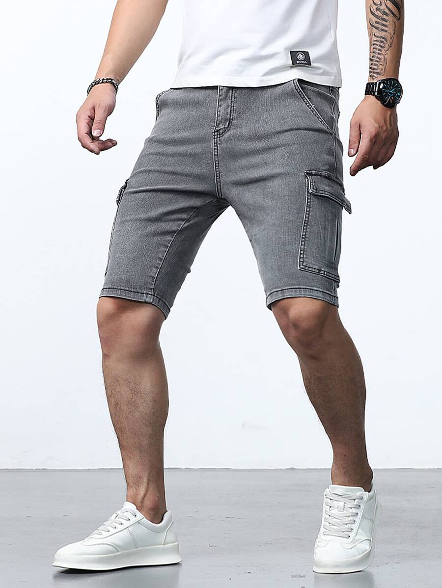 Manfinity Homme Nam Quần short denim Bermuda Bông Túi nắp bên cạnh - Xám - Xem 1