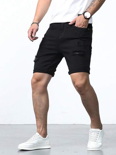 Manfinity Homme Men Cotton Ripped Frayed Denim Shorts Plain Denim Jorts Plain Black Denim Shorts, For Husband, Boyfriend Gifts Going Out Hang Out Commute Vacation Tropical