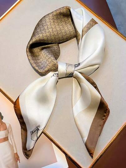 1 件复古马匹印花仿丝 70 厘米方形围巾/头巾，女士复古风格专业围巾、头巾、包带配件