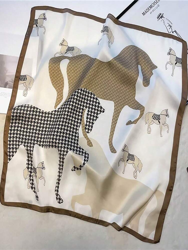 1pc Vintage Horse Print Faux Silk 70cm Square Scarf/Bandana, Women's Retro Style Professional Neckerchief, Head Wrap, Bag Tie Accessory