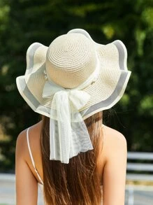 Trang trí nơ nữ & ngọc trai giả Mũ rơm Bohemian cho kỳ nghỉ - Màu be - Xem 2