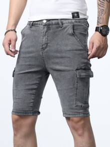 Manfinity Homme Nam Quần short denim Bermuda Bông Túi nắp bên cạnh - Xám - Xem 3