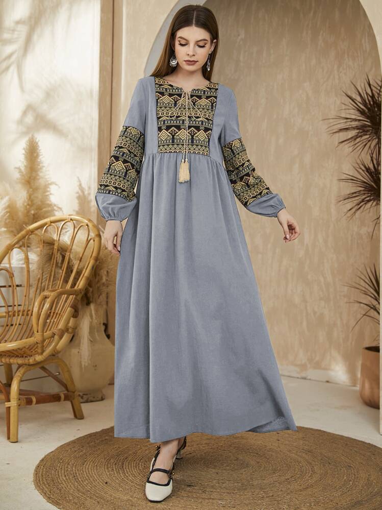 embroidered lantern sleeve tassel tie smock dress Bow Lantern Sleeve Maxi Dress – Diva's Den Fashion, LLC main image 0