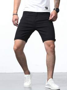 Manfinity Homme 男士棉素色牛仔短褲 - 黑色 - 查看 1