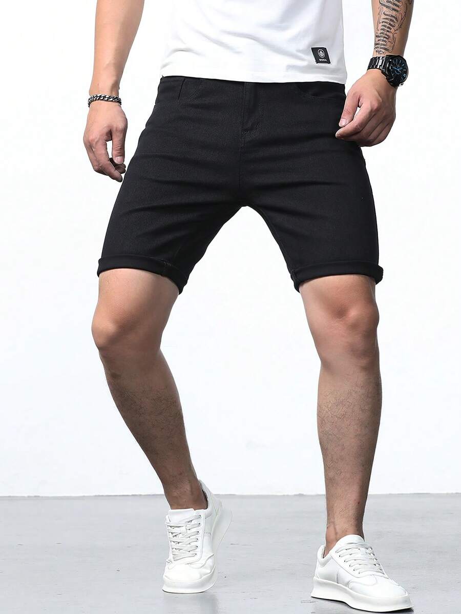 Manfinity Homme 男士棉素色牛仔短褲 - 黑色 - 查看 1